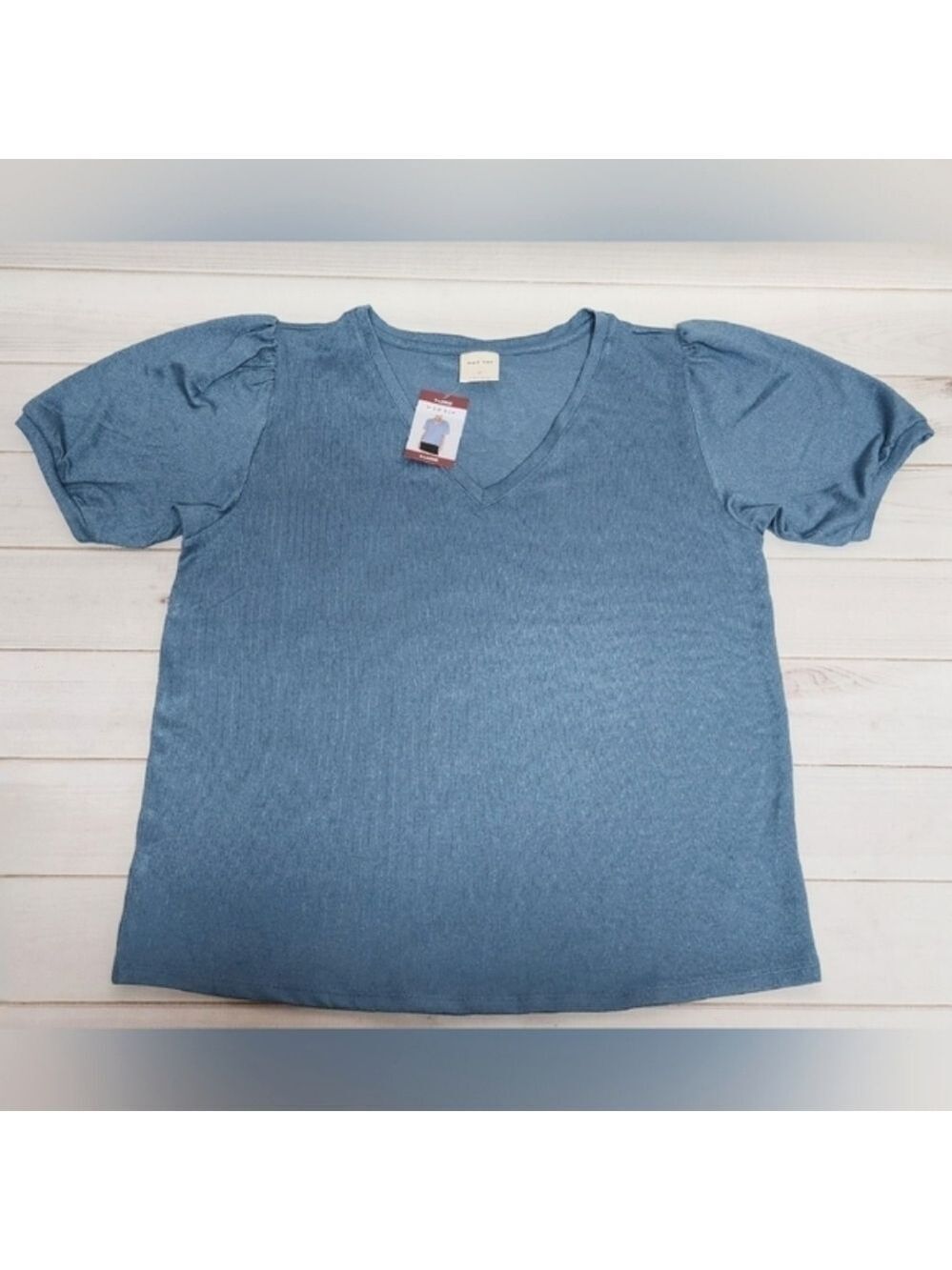 Mod Ref V Neck Short Puff Sleeve Knit Top in Blue XL - New With Tags
